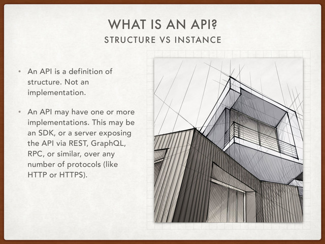 STRUCTURE VS INSTANCE
WHAT IS AN API?
• An API is a definition of
structure. Not an
implementation.
• An API may have one or more
implementations. This may be
an SDK, or a server exposing
the API via REST, GraphQL,
RPC, or similar, over any
number of protocols (like
HTTP or HTTPS).
