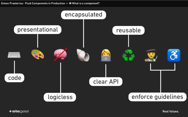 Real Values.
Simon Praetorius: Fluid Components in Production > ➋ What is a component?
 ♻
# $
 ♿
presentational
logicless
encapsulated
clear API
enforce guidelines

reusable
⌨
code
