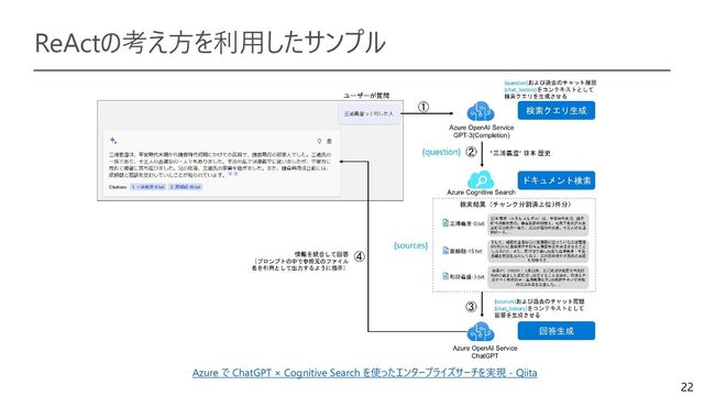 22
ReActの考え方を利用したサンプル
Azure で ChatGPT × Cognitive Search を使ったエンタープライズサーチを実現 - Qiita
