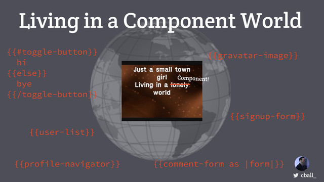 Living in a Component World
cball_
{{user-list}}
{{profile-navigator}}
{{gravatar-image}}
{{signup-form}}
{{comment-form as |form|}}
{{#toggle-button}}
hi
{{else}}
bye
{{/toggle-button}} {{happy-user}}
Component!
