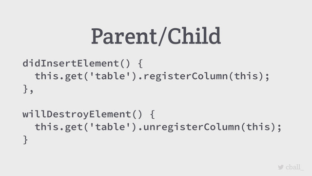 cball_
Parent/Child
didInsertElement() {
this.get('table').registerColumn(this);
},
willDestroyElement() {
this.get('table').unregisterColumn(this);
}
