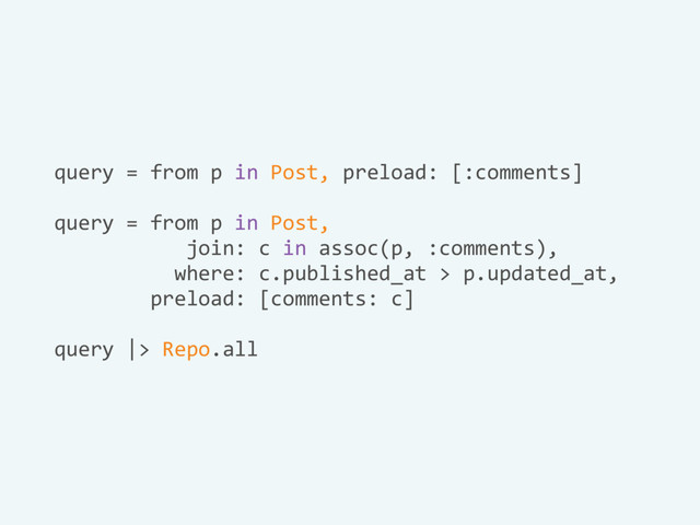query = from p in Post, preload: [:comments]
query = from p in Post,
join: c in assoc(p, :comments),
where: c.published_at > p.updated_at,
preload: [comments: c]
query |> Repo.all
