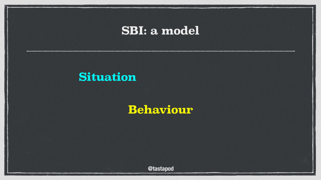 @tastapod
SBI: a model
Situation
Behaviour
