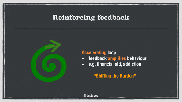 @tastapod
Reinforcing feedback
Accelerating loop
- feedback ampliﬁes behaviour
- e.g. ﬁnancial aid, addiction 
“Shifting the Burden”
