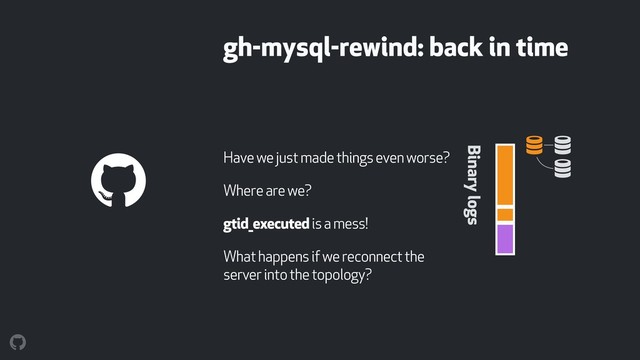 gh-mysql-rewind: back in time
Have we just made things even worse?
Where are we?
gtid_executed is a mess!
What happens if we reconnect the
server into the topology?
! !
!
Binary logs
