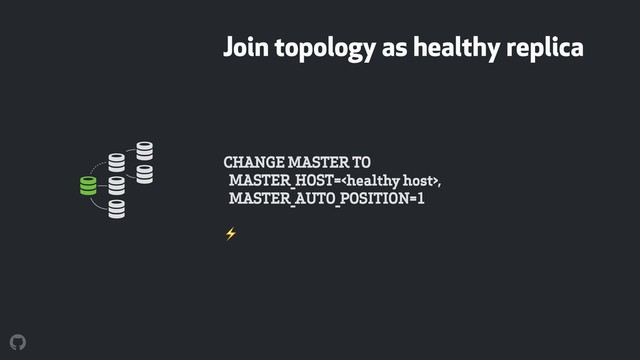 Join topology as healthy replica
CHANGE MASTER TO 
MASTER_HOST=, 
MASTER_AUTO_POSITION=1 
 
⚡
! !
!
!
!
!
