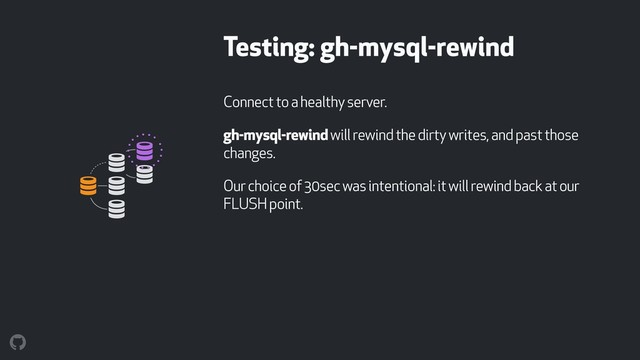 Testing: gh-mysql-rewind
Connect to a healthy server.
gh-mysql-rewind will rewind the dirty writes, and past those
changes.
Our choice of 30sec was intentional: it will rewind back at our
FLUSH point.
! !
!
!
!
!
