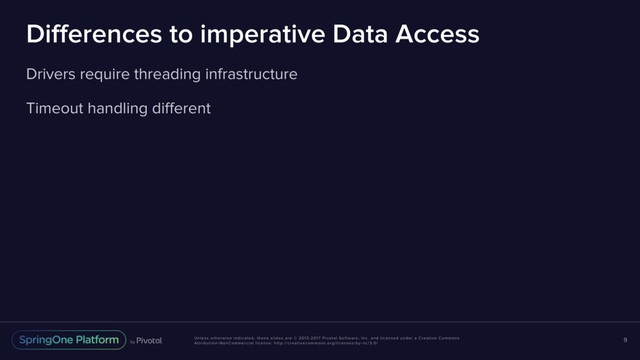 Unless otherwise indicated, these slides are © 2013-2017 Pivotal Software, Inc. and licensed under a Creative Commons
Attribution-NonCommercial license: http://creativecommons.org/licenses/by-nc/3.0/
Differences to imperative Data Access
Drivers require threading infrastructure
Timeout handling different
9
