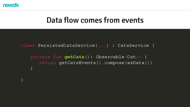 class PersistedCatsService(...) : CatsService {
private fun getCats(): Observable> {
return getCatsEvents().compose(asData())
}
}
Data flow comes from events
