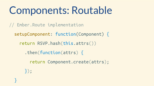 Components: Routable
// Ember.Route implementation
setupComponent: function(Component) {
return RSVP.hash(this.attrs())
.then(function(attrs) {
return Component.create(attrs);
});
}
