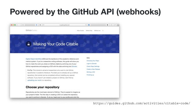 Powered by the GitHub API (webhooks)
https://guides.github.com/activities/citable-code/
