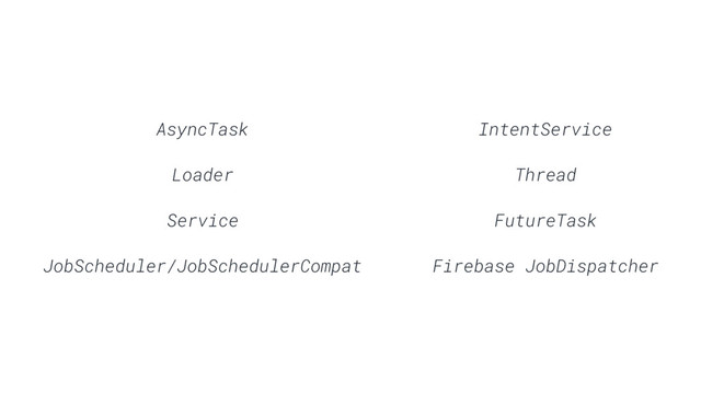 AsyncTask
Loader
Service
JobScheduler/JobSchedulerCompat
IntentService
Thread
FutureTask
Firebase JobDispatcher
