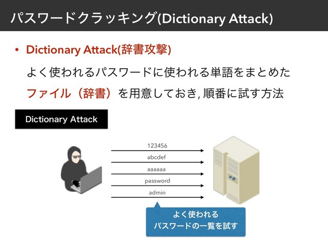 ύεϫʔυΫϥοΩϯά(Dictionary Attack)
• Dictionary Attack(ࣙॻ߈ܸ) 
Α͘࢖ΘΕΔύεϫʔυʹ࢖ΘΕΔ୯ޠΛ·ͱΊͨ
ϑΝΠϧʢࣙॻʣΛ༻ҙ͓͖ͯ͠, ॱ൪ʹࢼ͢ํ๏
%JDUJPOBSZ"UUBDL
123456
abcdef
aaaaaa
password
admin
Α͘࢖ΘΕΔ
ύεϫʔυͷҰཡΛࢼ͢

