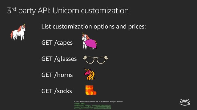 © 2019, Amazon Web Services, Inc. or its affiliates. All rights reserved.
List customization options and prices:
GET /capes
GET /glasses
GET /horns
GET /socks
3rd party API: Unicorn customization
Image Credit:
Smashicons, Freepik, from www.flaticon.com
johnny_automatic from www.openclipart.org
