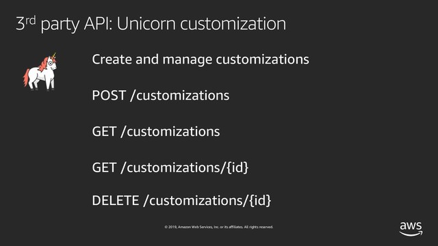 © 2019, Amazon Web Services, Inc. or its affiliates. All rights reserved.
3rd party API: Unicorn customization
Create and manage customizations
POST /customizations
GET /customizations
GET /customizations/{id}
DELETE /customizations/{id}
