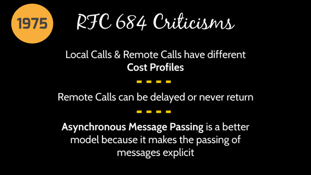 RFC 684 Criticisms
Local Calls & Remote Calls have different
Cost Profiles
Asynchronous Message Passing is a better
model because it makes the passing of
messages explicit
Remote Calls can be delayed or never return
1975
