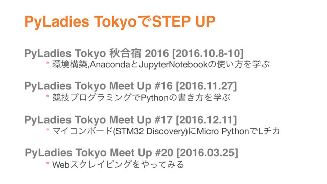 PyLadies TokyoͰSTEP UP
PyLadies Tokyo ळ߹॓ 2016 [2016.10.8-10]
PyLadies Tokyo Meet Up #16 [2016.11.27]
PyLadies Tokyo Meet Up #17 [2016.12.11]
PyLadies Tokyo Meet Up #20 [2016.03.25]
＊؀ڥߏங,AnacondaͱJupyterNotebookͷ࢖͍ํΛֶͿ
＊ڝٕϓϩάϥϛϯάͰPythonͷॻ͖ํΛֶͿ
＊ϚΠίϯϘʔυ(STM32 Discovery)ʹMicro PythonͰLνΧ
＊WebεΫϨΠϐϯάΛ΍ͬͯΈΔ
