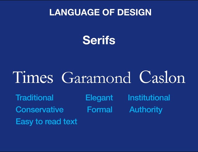 DESIGN BASIC TRAINING
LANGUAGE OF DESIGN
Times Garamond Caslon
Serifs
Traditional Elegant Institutional
Conservative Formal Authority
Easy to read text

