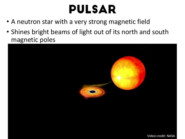 PULSAR
• A neutron star with a very strong magnetic field
• Shines bright beams of light out of its north and south
magnetic poles
Watts+16
Video credit: NASA
