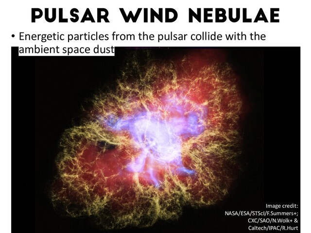 Pulsar wind nebulae
• Energetic particles from the pulsar collide with the
ambient space dust
Image credit:
NASA/ESA/STScI/F.Summers+;
CXC/SAO/N.Wolk+ &
Caltech/IPAC/R.Hurt
