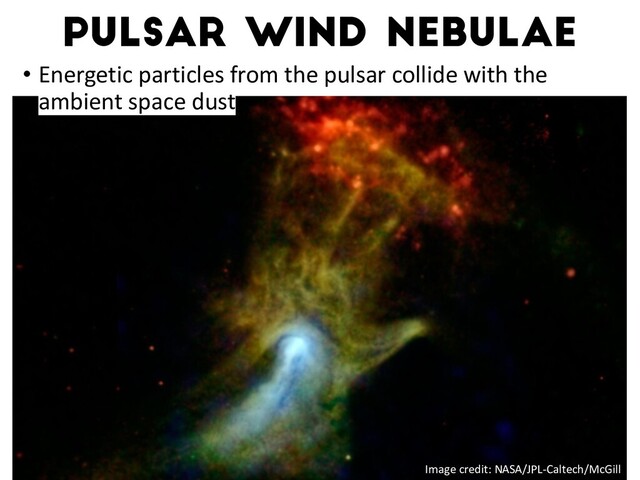 Pulsar wind nebulae
• Energetic particles from the pulsar collide with the
ambient space dust
Image credit: NASA/JPL-Caltech/McGill

