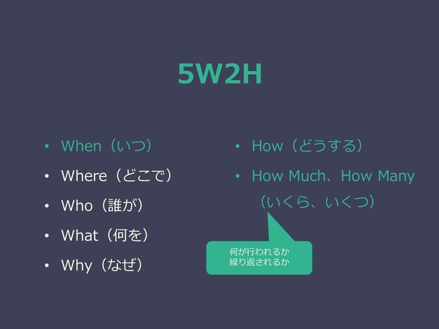 5W2H
• When（いつ）
• Where（どこで）
• Who（誰が）
• What（何を）
• Why（なぜ）
• How（どうする）
• How Much、How Many
（いくら、いくつ）
何が行われるか
繰り返されるか
