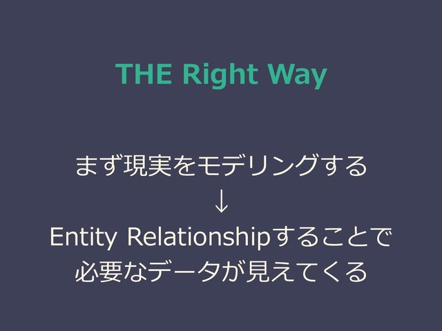 THE Right Way
まず現実をモデリングする
↓
Entity Relationshipすることで
必要なデータが見えてくる
