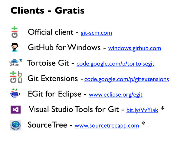 Ofﬁcial client - git-scm.com
GitHub for Windows - windows.github.com
Tortoise Git - code.google.com/p/tortoisegit
Git Extensions - code.google.com/p/gitextensions
EGit for Eclipse - www.eclipse.org/egit
Visual Studio Tools for Git - bit.ly/VvYiak *
SourceTree - www.sourcetreeapp.com *
Clients - Gratis
