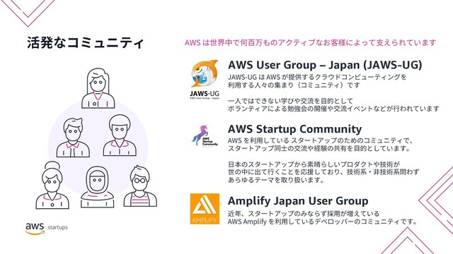 活発なコミュニティ AWS は世界中で何百万ものアクティブなお客様によって⽀えられています
JAWS-UG は AWS が提供するクラウドコンピューティングを
利⽤する⼈々の集まり（コミュニティ）です
⼀⼈ではできない学びや交流を⽬的として
ボランティアによる勉強会の開催や交流イベントなどが⾏われています
AWS User Group – Japan (JAWS-UG)
AWS を利⽤している スタートアップのためのコミュニティで、
スタートアップ同⼠の交流や経験の共有を⽬的としています。
⽇本のスタートアップから素晴らしいプロダクトや技術が
世の中に出て⾏くことを応援しており、技術系・⾮技術系問わず
あらゆるテーマを取り扱います。
AWS Startup Community
近年、スタートアップのみならず採⽤が増えている
AWS Amplify を利⽤しているデベロッパーのコミュニティです。
Amplify Japan User Group
