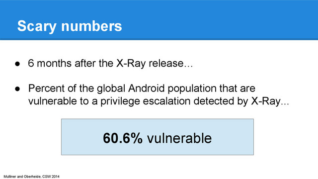 Mulliner and Oberheide, CSW 2014
Scary numbers
● 6 months after the X-Ray release…
● Percent of the global Android population that are
vulnerable to a privilege escalation detected by X-Ray...
60.6% vulnerable
