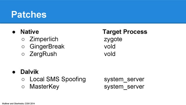 Mulliner and Oberheide, CSW 2014
Patches
● Native Target Process
○ Zimperlich zygote
○ GingerBreak vold
○ ZergRush vold
● Dalvik
○ Local SMS Spoofing system_server
○ MasterKey system_server
