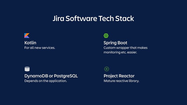 Jira Software Tech Stack
DynamoDB or PostgreSQL
Depends on the application.
Project Reactor
Mature reactive library.
Kotlin
For all new services.
Spring Boot
Custom wrapper that makes
monitoring etc. easier.
