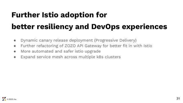 © ZOZO, Inc.
31
Further Istio adoption for
better resiliency and DevOps experiences
● Dynamic canary release deployment (Progressive Delivery)
● Further refactoring of ZOZO API Gateway for better ﬁt in with Istio
● More automated and safer istio upgrade
● Expand service mesh across multiple k8s clusters
