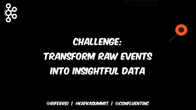 @riferrei | #kafkasummit | @CONFLUENTINC
Challenge:
Transform raw events
into insightful data
