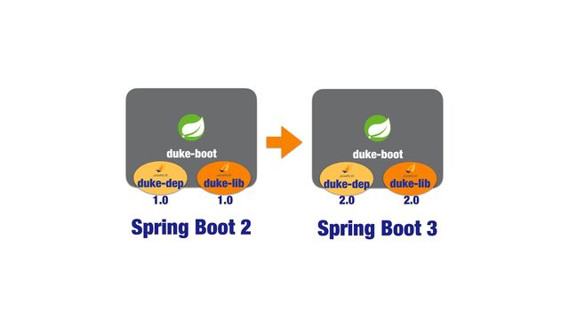 Spring Boot 2
duke-boot
duke-dep duke-lib
Spring Boot 3
duke-boot
duke-dep duke-lib
2.0
1.0 2.0
1.0
