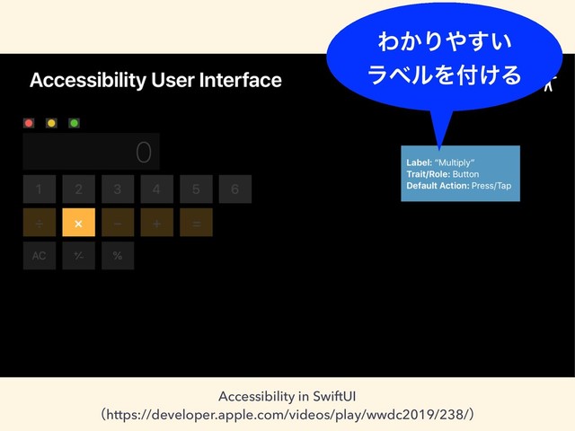 Accessibility in SwiftUI
ʢhttps://developer.apple.com/videos/play/wwdc2019/238/ʣ
Θ͔Γ΍͍͢
ϥϕϧΛ෇͚Δ
