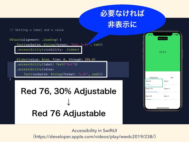 Accessibility in SwiftUI
ʢhttps://developer.apple.com/videos/play/wwdc2019/238/ʣ
ඞཁͳ͚Ε͹
ඇදࣔʹ
3FE"EKVTUBCMF
ˣ
3FE"EKVTUBCMF
