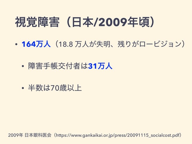 ࢹ֮ো֐ʢ೔ຊ/2009೥ࠒʣ
• 164ສਓʢ18.8 ສਓ͕ࣦ໌ɺ࢒Γ͕ϩʔϏδϣϯʣ
• ো֐खாަ෇ऀ͸31ສਓ
• ൒਺͸70ࡀҎ্
2009೥ ೔ຊ؟Պҩձʢhttps://www.gankaikai.or.jp/press/20091115_socialcost.pdfʣ

