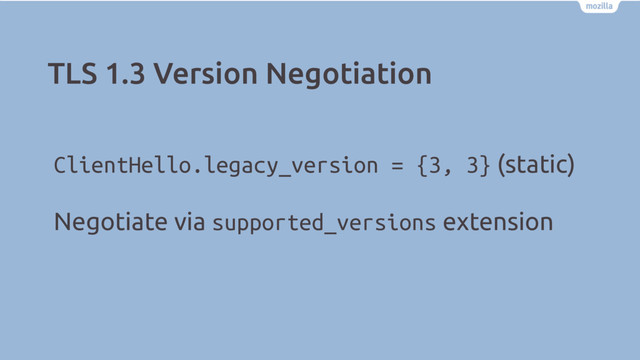 TLS 1.3 Version Negotiation
ClientHello.legacy_version = {3, 3} (static)
Negotiate via supported_versions extension
