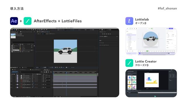 導入方法
+ AfterEffects + LottieFiles Lottielab
オープンβ
Lottie Creator
クローズドβ
#fof_shonan
