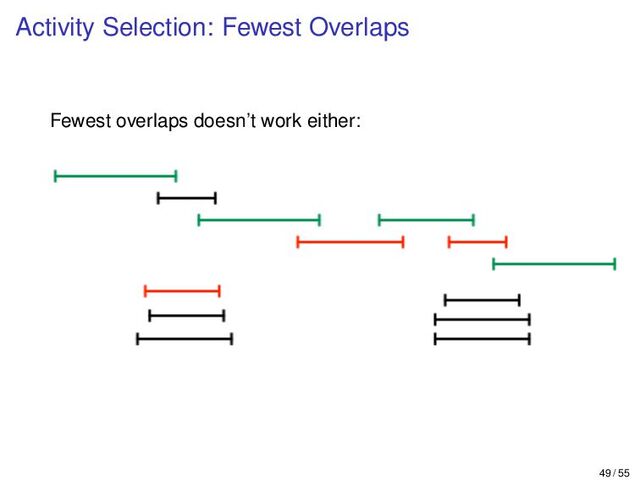 Activity Selection: Fewest Overlaps
Fewest overlaps doesn’t work either:
49 / 55
