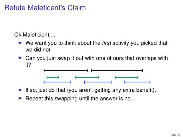 Refute Maleﬁcent’s Claim
Ok Maleﬁcient,...
I We want you to think about the ﬁrst activity you picked that
we did not.
I Can you just swap it out with one of ours that overlaps with
it?
I If so, just do that (you aren’t getting any extra beneﬁt).
I Repeat this swapping until the answer is no...
53 / 55
