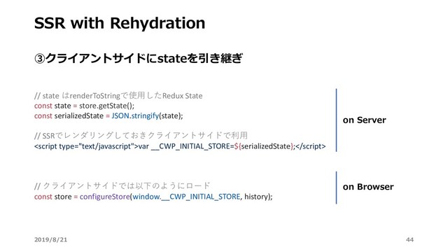 SSR with Rehydration
// state はrenderToStringで使⽤したRedux State
const state = store.getState();
const serializedState = JSON.stringify(state);
// SSRでレンダリングしておきクライアントサイドで利⽤
var __CWP_INITIAL_STORE=${serializedState};
// クライアントサイドでは以下のようにロード
const store = configureStore(window.__CWP_INITIAL_STORE, history);
③クライアントサイドにstateを引き継ぎ
on Server
on Browser
2019/8/21 44
