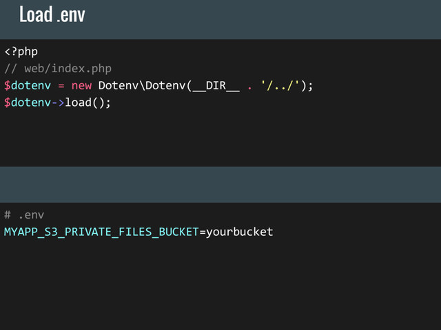 load();
Load .env
# .env
MYAPP_S3_PRIVATE_FILES_BUCKET=yourbucket
