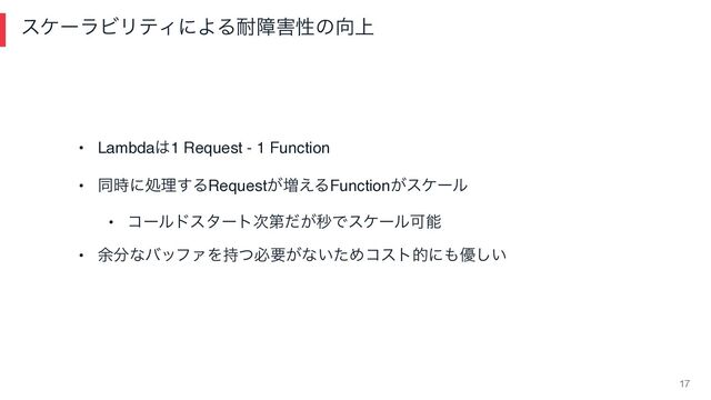 εέʔϥϏϦςΟʹΑΔ଱ো֐ੑͷ޲্
17
• Lambda͸1 Request - 1 Function
• ಉ࣌ʹॲཧ͢ΔRequest͕૿͑ΔFunction͕εέʔϧ
• ίʔϧυελʔτ࣍ୈ͕ͩඵͰεέʔϧՄೳ
• ༨෼ͳόοϑΝΛ࣋ͭඞཁ͕ͳ͍ͨΊίετతʹ΋༏͍͠
