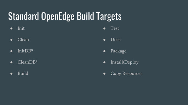 Standard OpenEdge Build Targets
●
Init
●
Clean
●
InitDB*
●
CleanDB*
●
Build
●
Test
●
Docs
●
Package
●
Install/Deploy
●
Copy Resources
