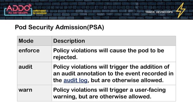 TRACK: DEVSECOPS
Pod Security Admission(PSA)
Mode Description
enforce Policy violations will cause the pod to be
rejected.
audit Policy violations will trigger the addition of
an audit annotation to the event recorded in
the audit log, but are otherwise allowed.
warn Policy violations will trigger a user-facing
warning, but are otherwise allowed.
