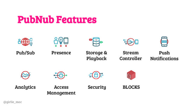 @girlie_mac
PubNub Features
Pub/Sub Presence Storage &
Playback
Stream
Controller
Push
Notifications
Analytics Access
Management
Security BLOCKS
