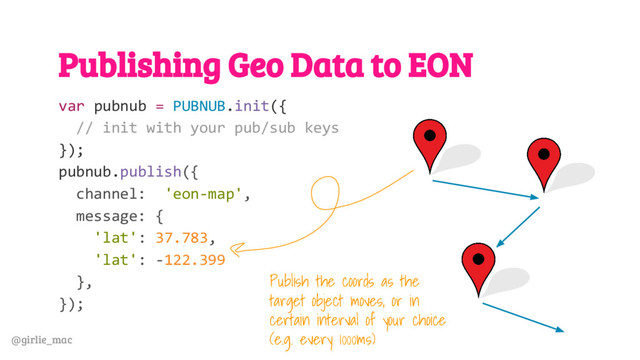 @girlie_mac
Publishing Geo Data to EON
var pubnub = PUBNUB.init({
// init with your pub/sub keys
});
pubnub.publish({
channel: 'eon-map',
message: {
'lat': 37.783,
'lat': -122.399
},
});
Publish the coords as the
target object moves, or in
certain interval of your choice
(e.g. every 1000ms)
