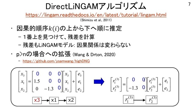 DirectLiNGAMアルゴリズム
https://lingam.readthedocs.io/en/latest/tutorial/lingam.html
(Shimizu et al., 2011)
• 因果的順序𝑘(𝑖)の上から下へ順に推定
– １番上を見つけて、残差を計算
– 残差もLiNGAMモデル: 因果関係は変わらない
• p>nの場合への拡張 (Wang & Drton, 2020)
– https://github.com/ysamwang/highDNG
7
ú
ú
ú
û
ù
ê
ê
ê
ë
é
+
ú
ú
ú
û
ù
ê
ê
ê
ë
é
ú
ú
ú
û
ù
ê
ê
ê
ë
é
-
=
ú
ú
ú
û
ù
ê
ê
ê
ë
é
2
1
3
2
1
3
2
1
3
0
3
.
1
0
0
0
5
.
1
0
0
0
e
e
e
x
x
x
x
x
x 0
0
0 0
0
0
0
0
ú
û
ù
ê
ë
é
+
ú
û
ù
ê
ë
é
ú
û
ù
ê
ë
é
-
=
ú
û
ù
ê
ë
é
2
1
)
3
(
2
)
3
(
1
)
3
(
2
)
3
(
1
0
3
.
1
0
0
e
e
r
r
r
r 0 0
)
3
(
2
r
)
3
(
1
r
x3 x1 x2
0
